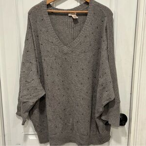 DKNY Jeans Womens Gray V-Neck Sweater, Pearl Beaded, Angora Blend Pullover 14/16